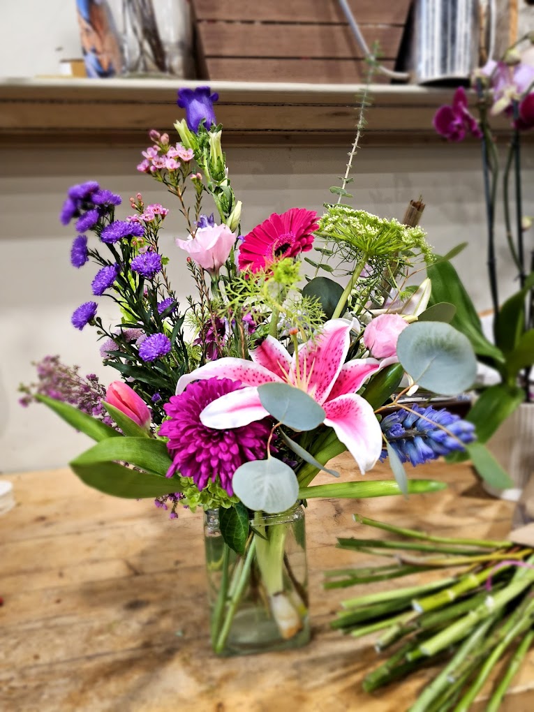 pink and purple bouquet in a vase